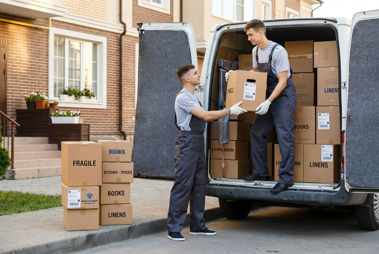 Deux déménageurs devant une camionnette ouverte, déchargeant des cartons marqués « BOOKS », « LINENS » et « FRAGILE » sur un trottoir. intégrer le mot-clé: comment choisir un bon déménageur.