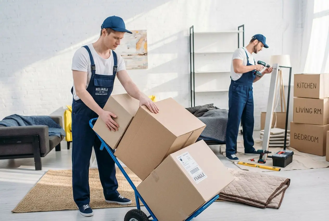 Deux déménageurs en salopettes et casquettes chargent des cartons sur une dolley dans un intérieur lumineux, avec des boîtes étiquetées et outils à l’arrière. Ils préparent le départ, illustrant le thème « comment choisir un bon déménageur ».