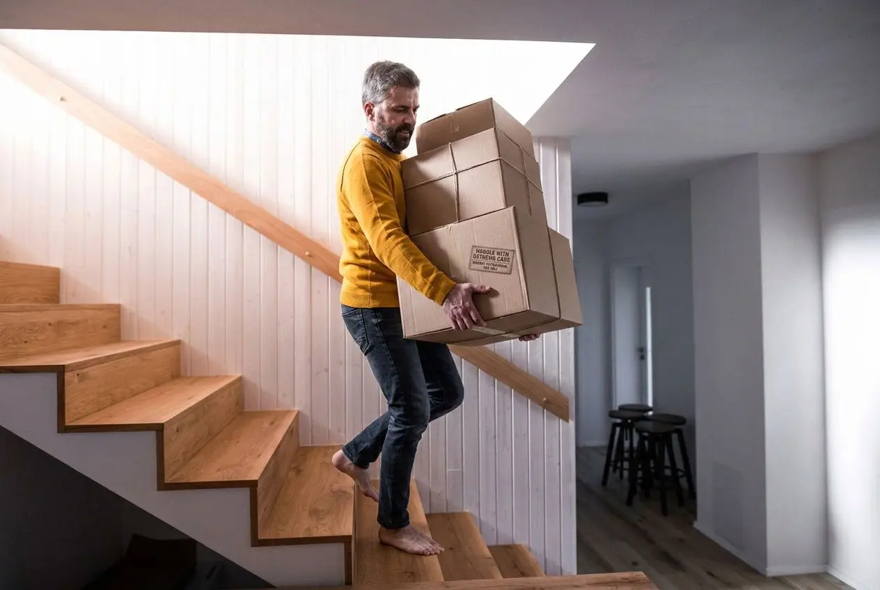 Homme portant des cartons en montant des escaliers intérieurs, déménagement à la main, lampe naturelle et intérieur moderne. | comment choisir un bon déménageur intégrée naturellement.