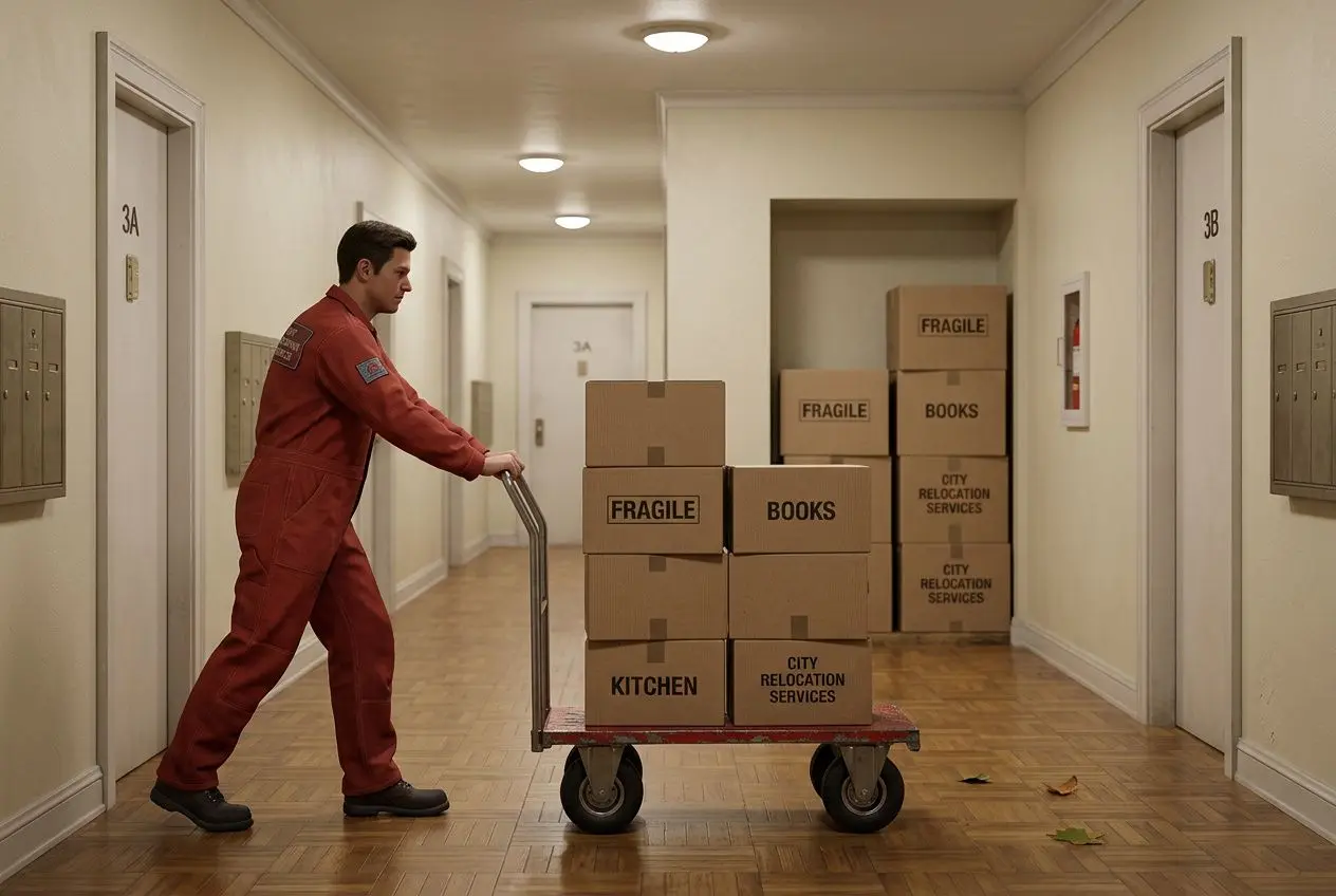 Agent en uniforme pousse une dolly chargée de cartons marqués « FRAGILE », dans un couloir d’immeuble, symbolisant une mutation professionnelle déménagement.