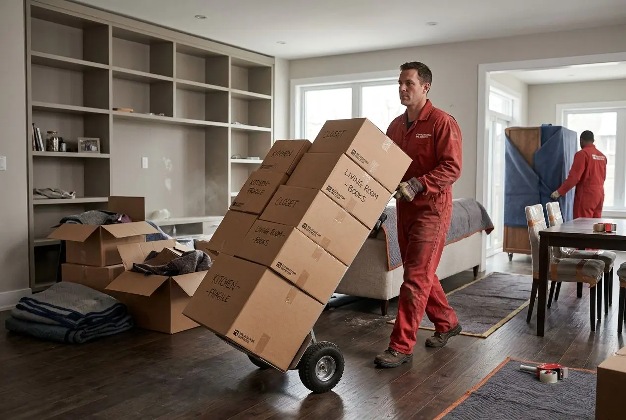 Chauffeur déménageur en uniforme rouge déplaçant des cartons sur un chariot à travers un salon prêt pour un déménagement, avec meubles et emballages autour. Aide déménagement mutation fonctionnaire intégrée naturellement.