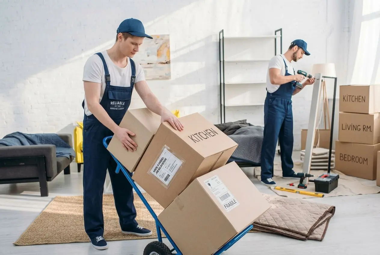 Démenageurs portant des cartons et installant du matériel dans un intérieur, prêt pour une mutation professionnelle déménagement.