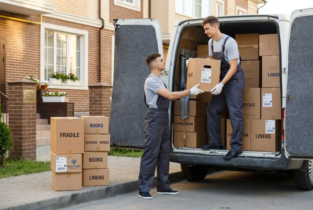 Deux déménageurs chargent des cartons dans une grande camionnette, prêt à transporter des objets étiquetés. alt text incluant le mot-clef: aide déménagement mutation fonctionnaire.