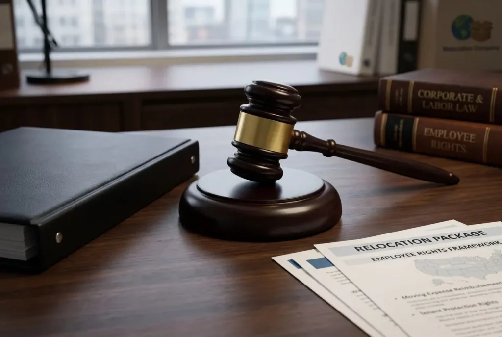 Juge de justice et documents légaux sur un bureau, avec des livres sur le droit du travail et un formulaire de relocation package, lié à la mutation professionnelle déménagement.